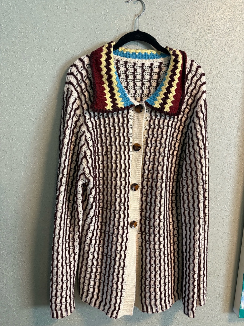 Cider Cream and Burgundy Knit Button Cardigan with Color-Trim Collar
